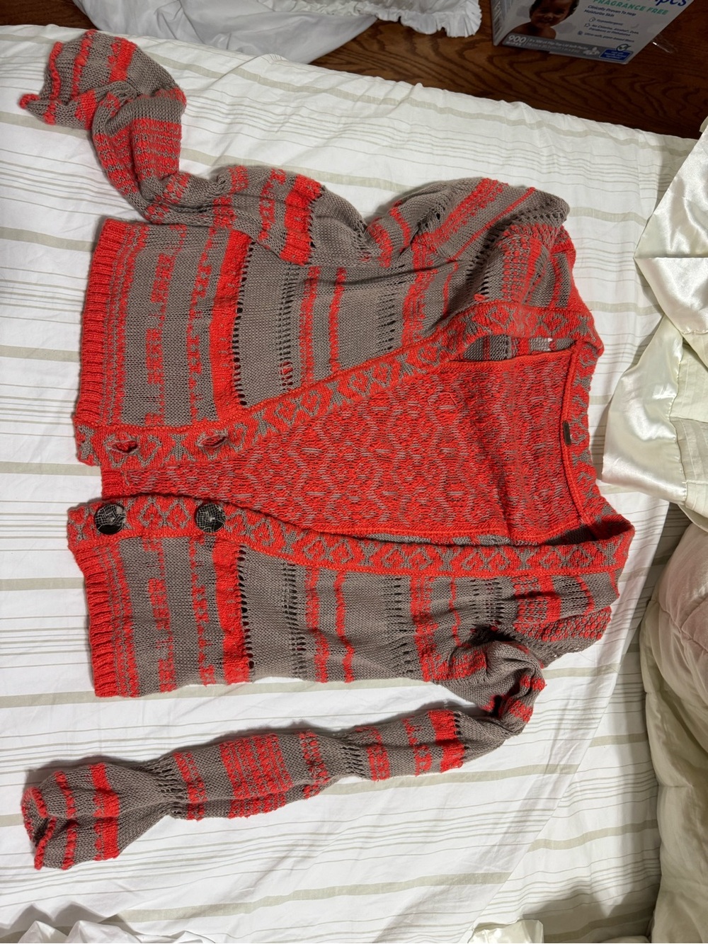 Free People Red and Taupe Striped Open-Knit Cardigan